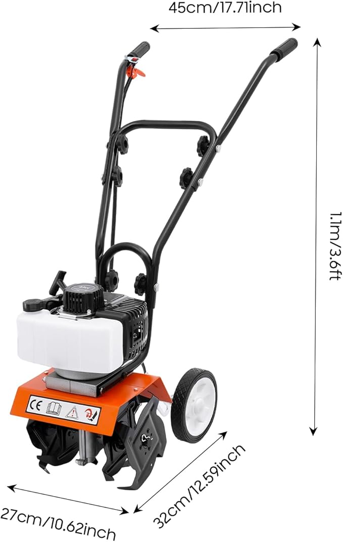 Rototiller Gas Powered, 43CC 2-Cycle Garden Tiller, Mini Tiller for Gardening with 4 Steel Adjustable Front Tines for Lawn, Garden and Field Soil Cultivation, Furrowing