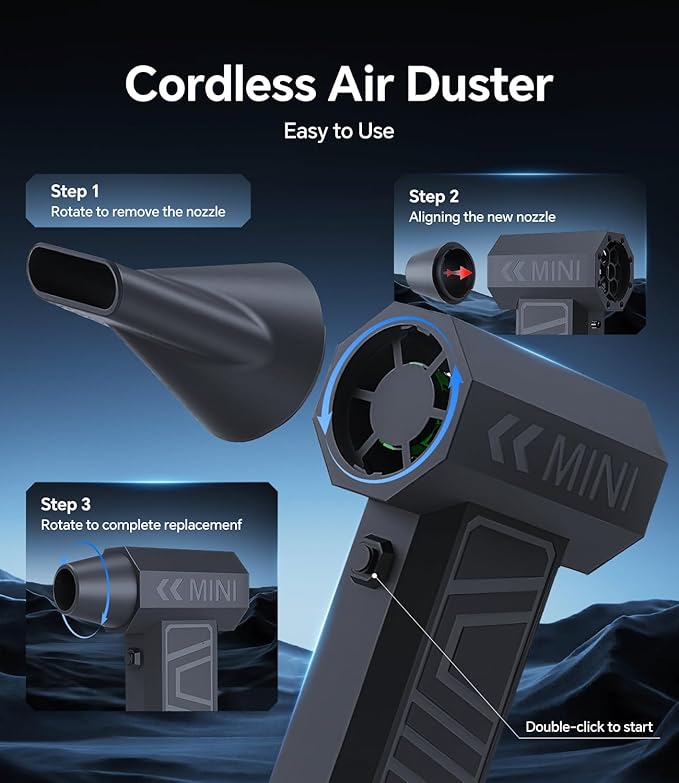 Compressed Air Duster, Electric Air Duster Rechargeable Blower Handheld Cordless Vacuum Strong Power Tool for Keyboard/BBQ/Camera Lens/PC Vents,Car Interiors & Home,Outdoor Dusting