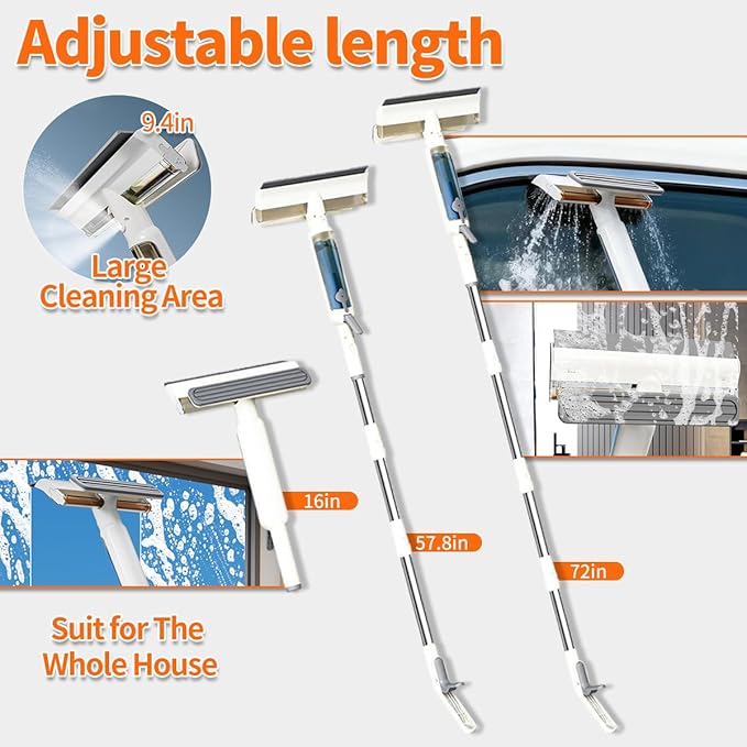 4 in 1 Window Squeegee with Water Tank,Window Cleaner Tool with Remote Control Water Spray,16'' to 72'' Adjustable Extension Pole,Wastewater Tray,Sponge Window Squeegee for Shower Glass Car Window