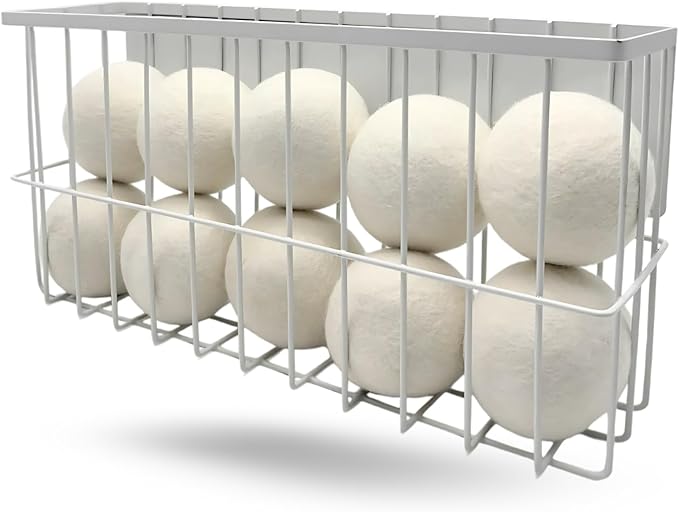 10 XL Wool Dryer Balls Laundry Reusable from New Zealand Wool & Magnetic Dryer Ball Holder - Laundry Wool Dryer Balls Storage Containers: Easy Install Without Tools, Magnetic Basket for Dryer Balls