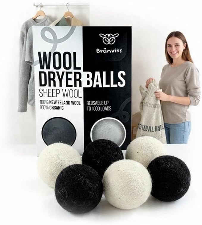 Wool Dryer Balls – 6 XL Organic New Zealand Wool Dryer Balls | Reduce Drying Time, Anti-Static & Wrinkle Reducing | Reusable Fabric Softener Alternative (White & Black Set)