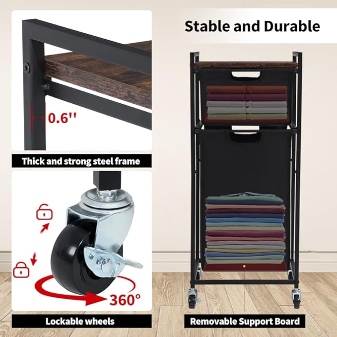 LUCKUP Laundry Hamper with Shelf, Laundry Sorter 2 Section with Removable Bags, Laundry Basket Cart with Table Wheels Laundry Room Storage and Organization, Dirty Clothes Hamper for Small Space