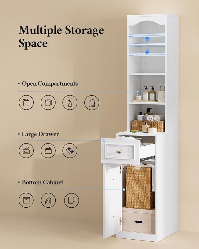67" Tall Bathroom Storage Cabinet with 4 Open Shelves, Drawer & Cabinet, L-Shaped Narrow Bathroom Storage Cabinet with Adjustable Shelf, Bathroom Storage Cabinet for Bathroom, Living Room, White