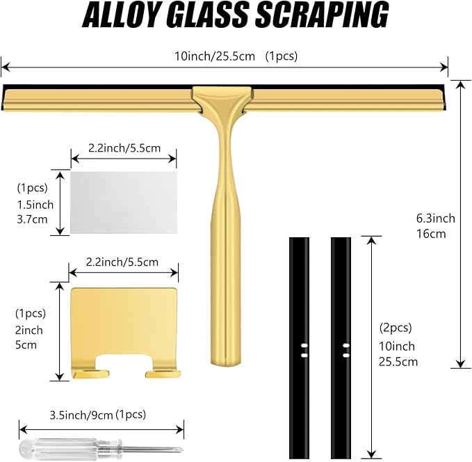 Shower Squeegee for Glass Doors,10 Inch Stainless Steel Squeegee for Shower Glass with Storage Hook, Shower Squeegee for Tile Shower Walls, Window Mirror Squeegee and Car Glass (Gold)