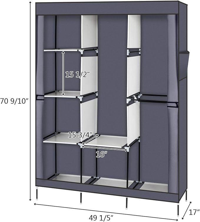 Portable Closet Wardrobe,71'' Closet Storage Organizer Rack with Shelves and Cover for Hanging Clothes, Non-Woven Fabric, Quick and Easy to Assembly (Gray)