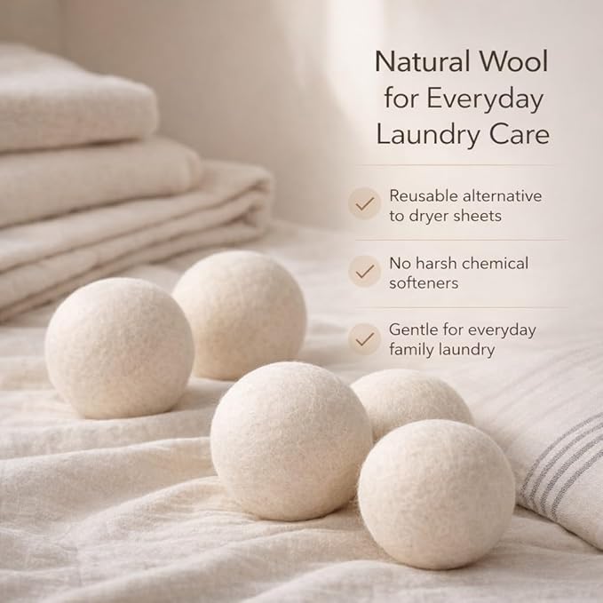 XL Wool Dryer Balls 6 Pack, 3 Inch, 100% New Zealand Wool, Reusable Natural Fabric Softener for Towels, Bedding and Larger Loads, Helps Reduce Drying Time, Wrinkles and Static Cling