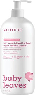 ATTITUDE Baby Bottle & Dish Soap, EWG Verified Bottle Cleaner, Fragrance Free & Dye Free, Removes Milk Residue & Grease, Vegan, Unscented, 33.8 Fl Oz