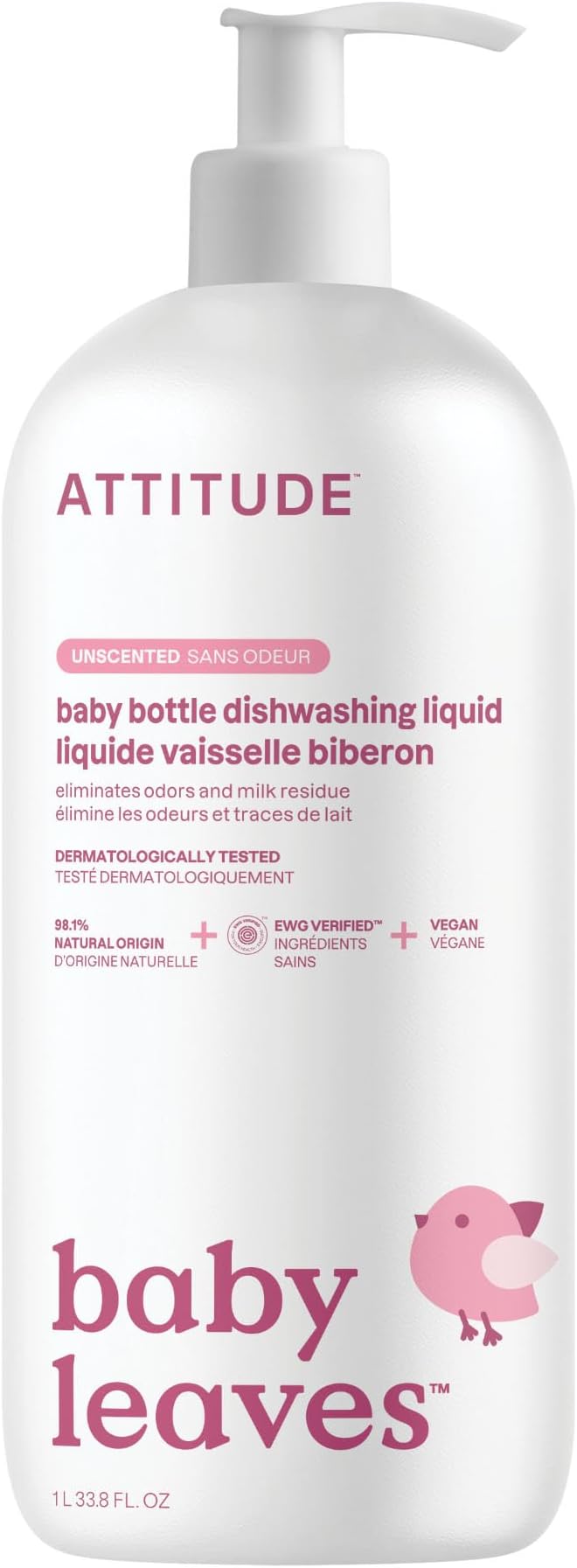 ATTITUDE Baby Bottle & Dish Soap, EWG Verified Bottle Cleaner, Fragrance Free & Dye Free, Removes Milk Residue & Grease, Vegan, Unscented, 33.8 Fl Oz