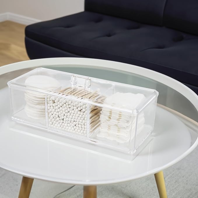 ZEXALOR Clear Bathroom Dresser Organizer - Cotton Ball Swab Holder with 3 Divided Compartments&Lid, , Waterproof Transparent Small Plastic Storage Containers, Vanity Makeup Organization