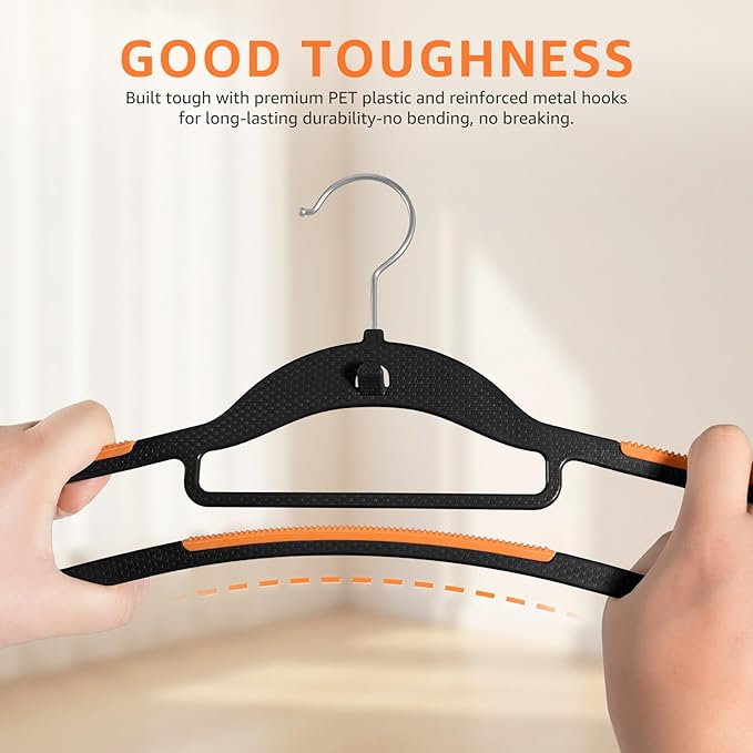 Yolife Cascading Plastic Clothes Hangers 20 Pack with Inner Hook for Vertical Storage, Slim Space Saving Hangers with Non-Slip Pads, 360° Swivel Metal Hook, Versatile, Black & Orange
