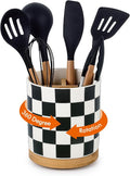 LoeJan 3 Compartment Utensil Holder, Extra Large Utensil Crock, Stable Ceramic Utensil Organizer, Cooking Tool Organizer Set for Kitchen Counter Farmhouse Decor (G-Black(Square))
