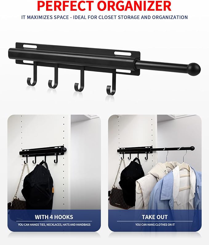 BaiNong 12 inch Valet Rod for Closets Pull Out Closet Valet Rod Slide Out Black Pull Out Clothes Hanger With 4 Hooks