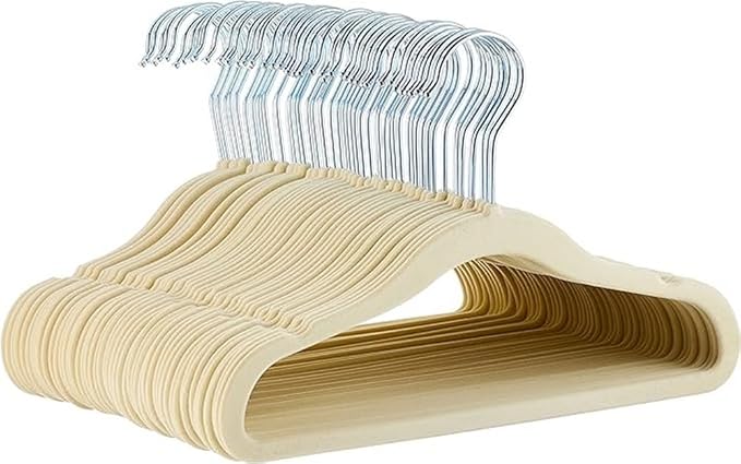 Amazon Basics Kids Velvet, Space Saving, Non-Slip Clothes Hangers for Infant and Toddler, Durable, 11.6 inches (for Baby Clothes), Pack of 50, Beige