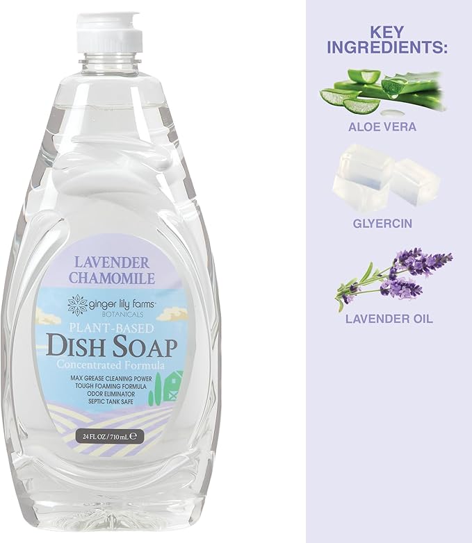 Ginger Lily Farms Botanicals Plant-Based Liquid Dish Soap, Concentrated Formula with Max Grease Cleaning Power, Cruelty-Free, Lavender Chamomile Scent, 24 Fl Oz (Pack of 8)
