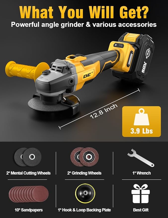 Brushless Angle Grinder, for DEWALT 20V Battery, 4-1/2" Cordless Small Angle Grinder with Auxiliary Handle, 10 Sandpapers, 2 Cutting & 2 Grinding Wheels, Pin Wrench, Lock-on Slide Switch for Polishing