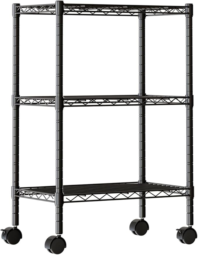DUMOS Industrial 3 Level Grid Storage Rack ，Mobile Metallic Shelving System with Lockable Wheels， Multi-Purpose Cabinet for Workshop, Culinary Space, Storeroom, Washroom & Restroom Black