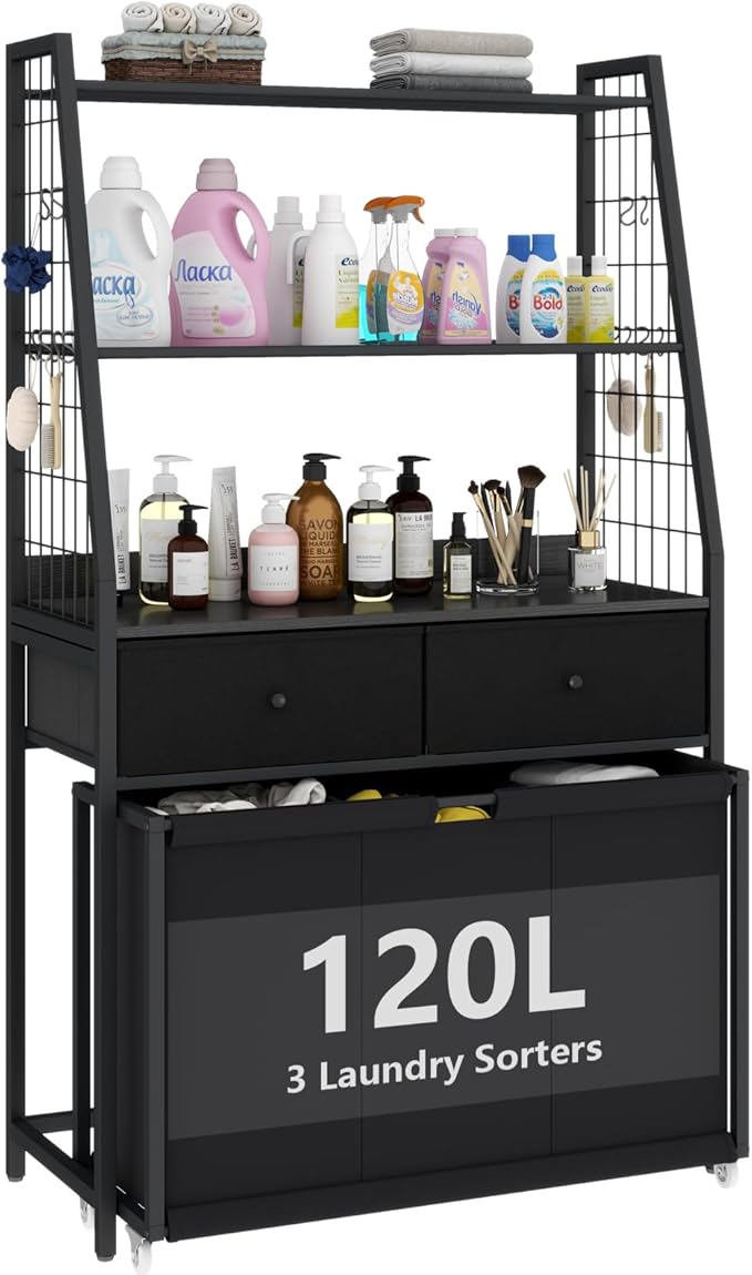 STIKELY Laundry Hamper Laundry Basket with 3 Section Pull-Out Rolling Bags & 2-Tier Storage Shelf, Laundry Sorter for Organization and Storage with 2 Drawers for Laundry Room, Bathroom