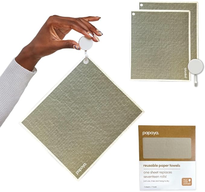 Papaya Reusable Paper Towels, Premium Swedish Dishcloths with Hook, Non-Scratch Reusable Paper Towel, 1 Sheet Replaces 17 Rolls - 2 Sheets, 1 Hook