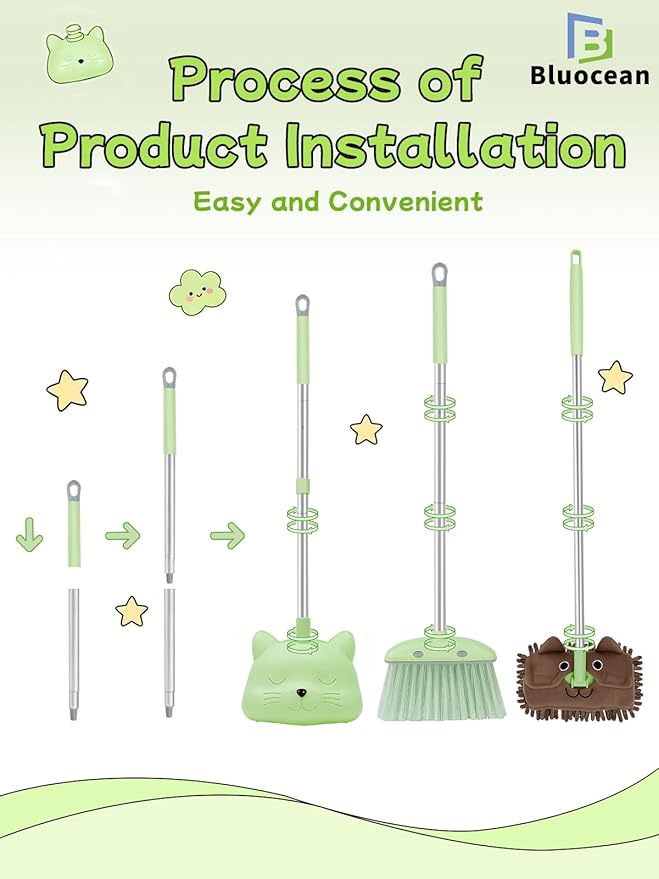 28'' Kids Mini Broom with Dustpan & Mop Set - Toddler Cleaning Toy, Toddler Household Helper, Parent-Child Interactive Play Cleaning Tool, Cute Cartoon Design, Small Safe Corner Broom (Green)