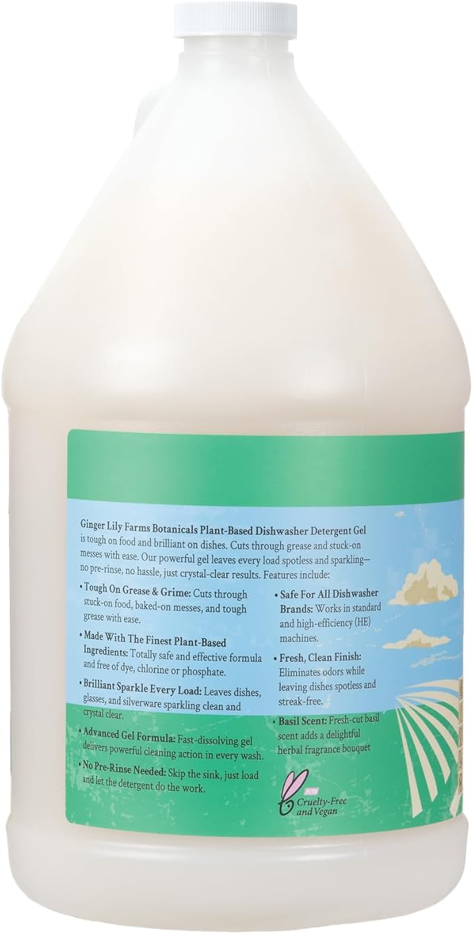 Ginger Lily Farms Botanicals Plant-Based Dishwasher Detergent Gel, 100% Vegan & Cruelty-Free, Basil Scent, 1 Gallon Refill (Pack of 4)