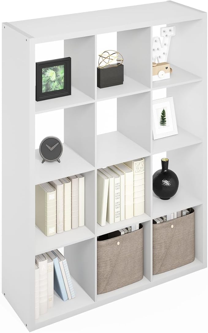 Furinno Simple Cube Storage Organizer, 12-Cube Display Shelf, Open Back Shelving Unit, Storage Shelves, Extra Thick Frame, for Organization and Storage, Living Room, Home Office, White