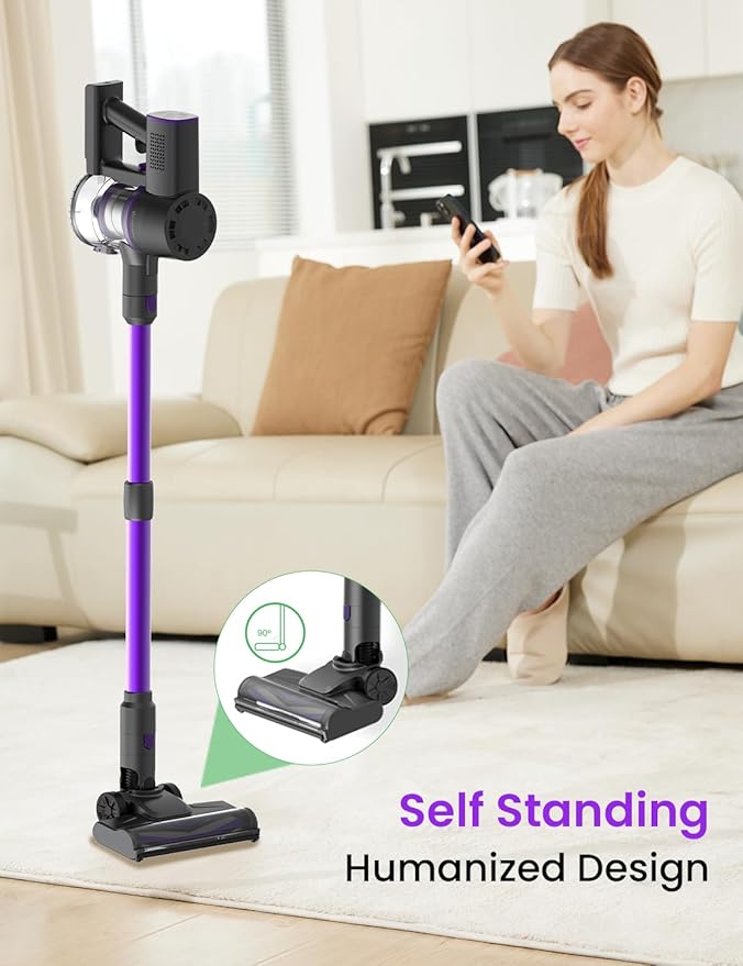 Vexilar Cordless Vacuum Cleaner, Self-Standing, Rechargeable Stick Vacuum Cleaners for Home, 35mins Runtime, LED Screen, 6-in-1 Lightweight Handheld Vacuum for Hard Floor, Carpet (Purple)