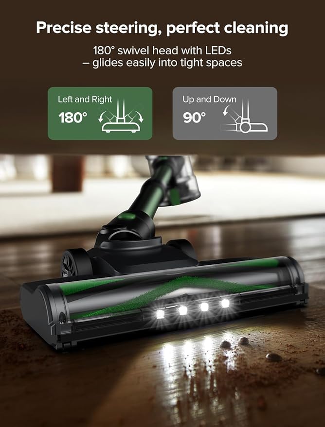 Vexilar Cordless Vacuum Cleaner, 550W/45Kpa/60Mins, Cordless Stick Vacuum Cleaner with Self-Standing and Touch Screen, 6-in-1 Lightweight, Rechargeable Vacuum for Pet Hair Carpet Hardwood (Green)