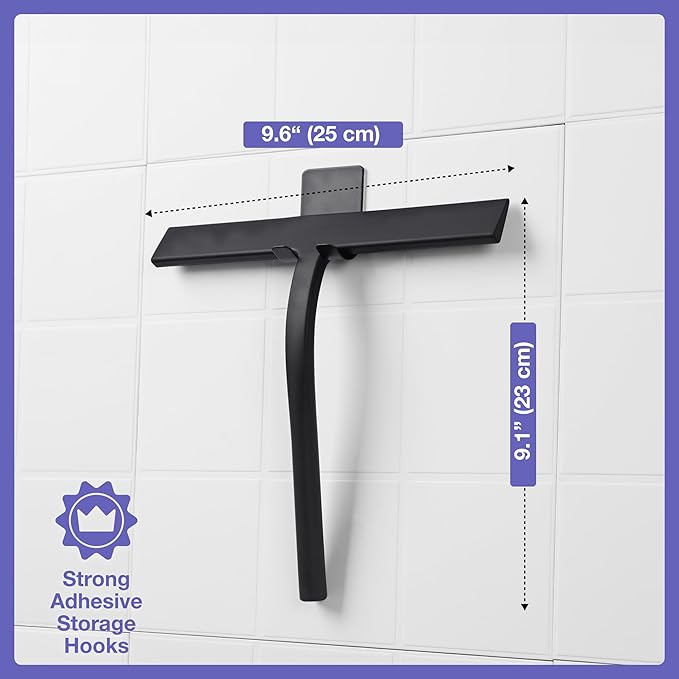 Kincmax All-Purpose Shower Squeegee - Stainless Steel Silicone Bath Squeegee for Glass Doors - Window and Door Squeegee With Hook - Bathroom Kitchen - Medium Black