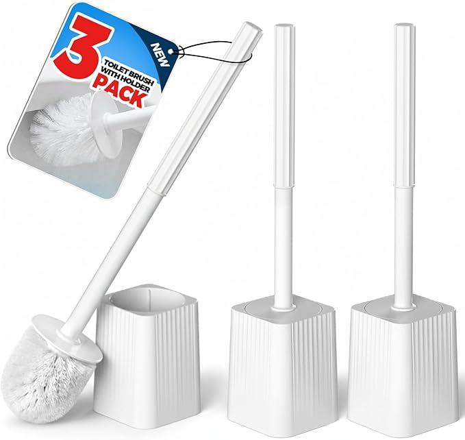 3Pack Toilet Bowl Brush and Holder Set - Toilet Scrubber Brush,Cleaning Brush,Bathroom Decor,Household Essentials,Cleaning Supplies,Home Essentials,White