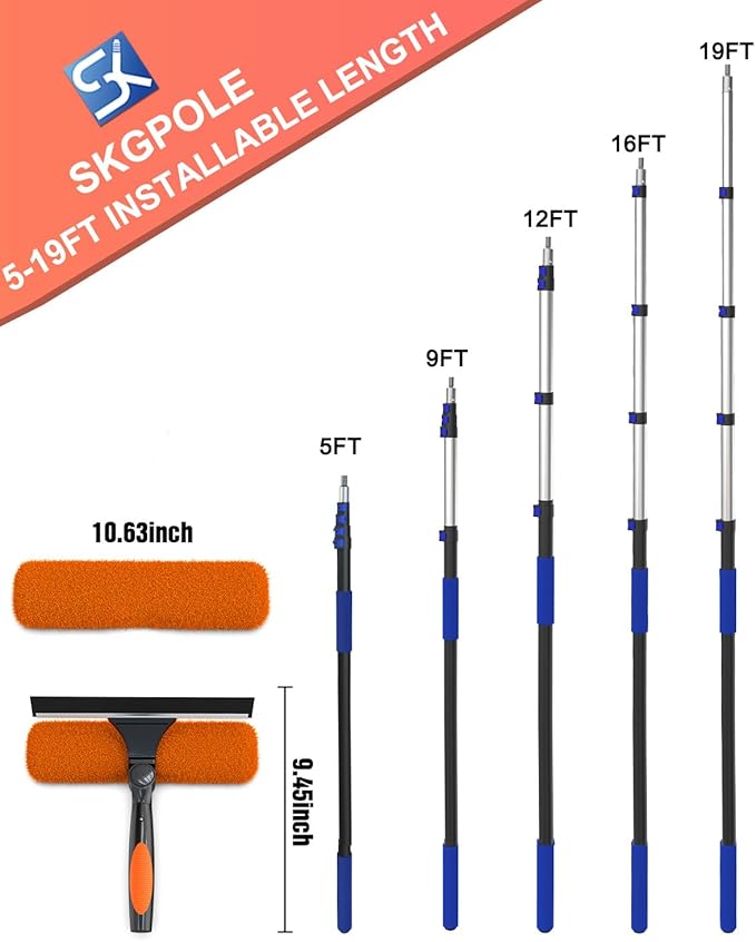 26FT Reach Window Squeegee for Window Cleaning Kit with 5-19 Foot Telescoping Extension Pole, 2 in 1 Window Squeegee, Cobweb Duster, Dust Kit Window Washing Kit for Car, Shower Glass Door
