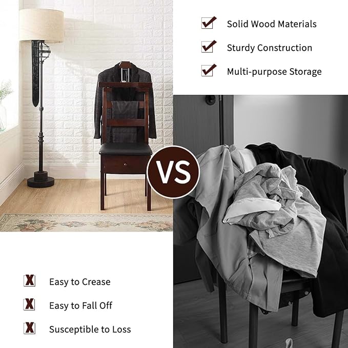 Chair Valet With Drawer Wooden Suit Valet Stand With Contour Hanger Trouser Bar And Top Storage Tray Freestanding Clothes Rack For Men And Women Clothing Organizer For Office Hotel(Dark Brown A)