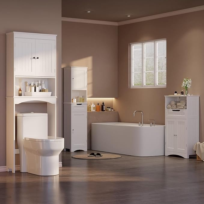 Gizoon Over the Toilet Storage Cabinet with Adjustable Shelf and Double Doors, Bathroom Space Saver Organizer Above Toilet with Open Shelf, Taller Wooden Free Standing Toilet Rack -White