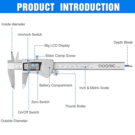 Digital Caliper, Adoric Caliper Measuring Tool 0-6" Stainless Steel Vernier Caliper Digital Micrometer with Large LCD Screen, Easy Switch from Inch Metric Fraction, 6" Caliper Tool for DIY/Household