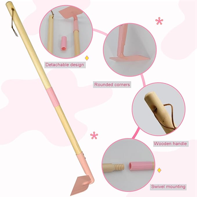 Kids Garden Lawn Hoe-Small Wooden Handle Hoe with Metal Head, 31 inches/ 79 cm Length, for Kids Garden Labor Hoe (Pink)