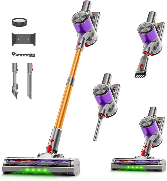 Clinkal Cordless Stick Vacuum Cleaner, 38Kpa Powerful Suction Vacuum Cleaner with LED Headlight, Detachable Battery, 8-in-1 Lightweight Handheld Vacuums for Pet Hair Carpet and Hardwood Floor, Purple