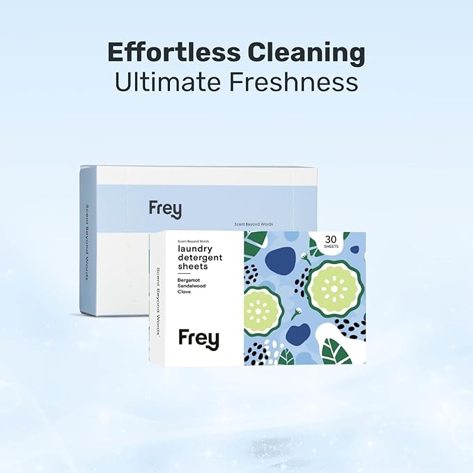 FREY Laundry Detergent + Dryer Sheets Bundle, 60 Count - Plastic Free Liquidless Full Wash Solution for Soft, Fresh Clothes, Bergamot Sandalwood Clove Scent