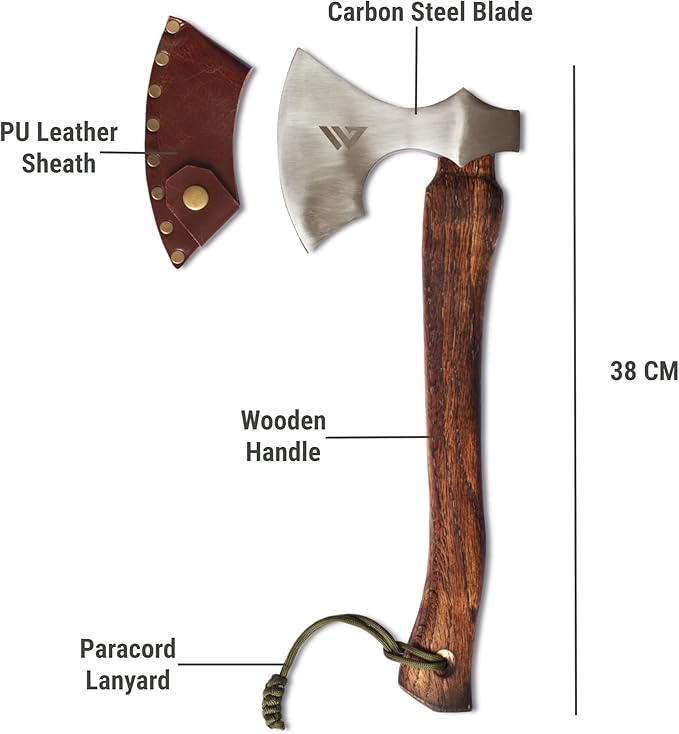 Axe with Carbon Steel Blade and Wooden Handle - Premium Hatchet with Paracord Lanyard & PU Leather Sheath
