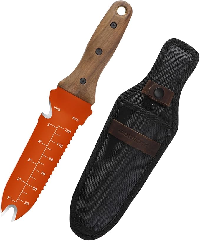 Hori Hori Garden Knife Orange Garden Multitool with Sheath for Weeding,Planting,Digging Stainless Steel Blade with Cutting Edge, Full-Tang Walnut Wood Handle with Hanging Hole