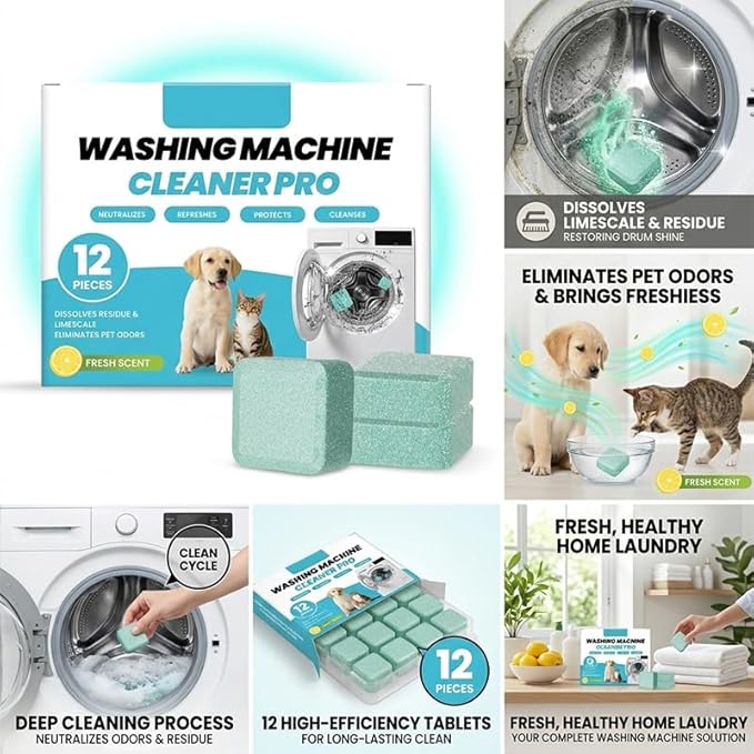 Washing Machine Cleaning Tablets: Powerful Deep Cleaning for Front Loader & Top Load Washer Machines - Clean Inside Drum and Laundry Tub Seal (12 pieces)