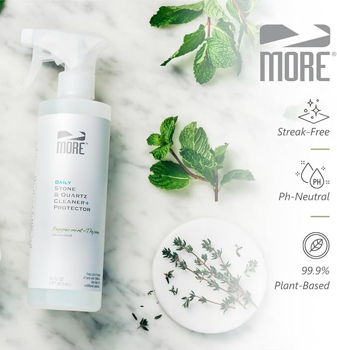 MORE Stone & Quartz Cleaner + Protector - Water-Based Surface Spray - Granite, Quartz & Marble Cleaner - For Kitchen & Bathroom Countertops & Floors - Peppermint-Thyme Essential Oil - Pint (16oz)