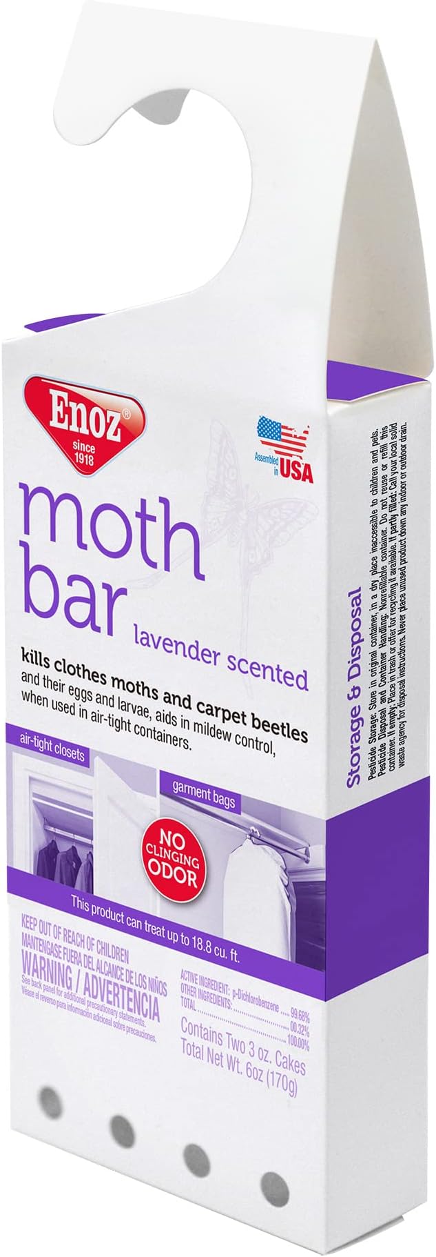 Enoz Lavender Scented Moth Bar, Kills Clothes Moths, Carpet Beetles, Eggs and Larvae, 6 oz Bar (Pack of 6)