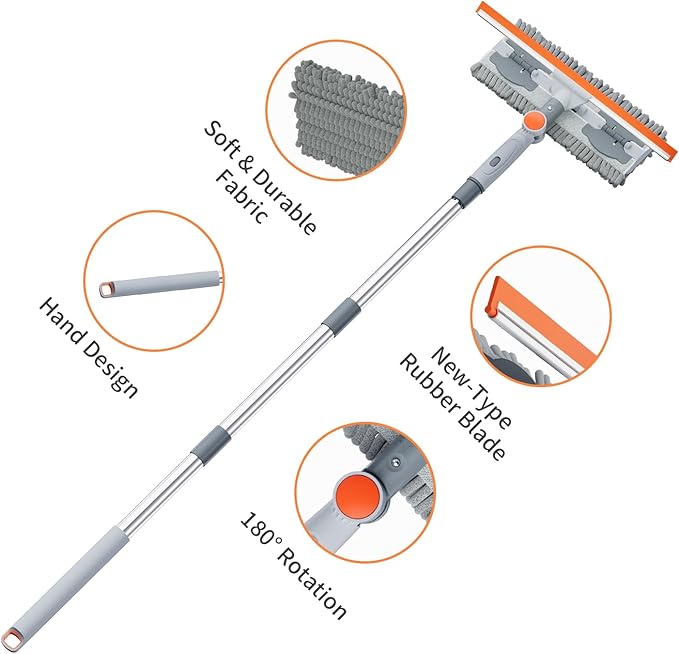 6.4FT Extendable 2-in-1 Window Washing Kit with Long Handle, 180° Rotatable Head & No-Drill Storage Holder, Streak-Free Window Squeegee for High Windows, Glass, Shower, and Car Windshield Cleaning