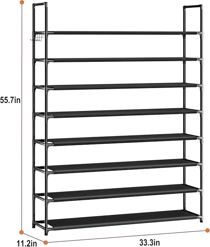 OYREL 8 Tier Shoe Organizer, 33.3in Wide x 11.2in Deep x 55.7in Tall, Black Metal and Plastic Shoe Rack, Holds up to 32-40 Pairs of Shoes