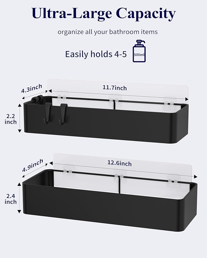 Kitsure Shower Caddy - 2 Pack Adhesive Shower Organizer, Rustproof Metal Shelves, No-Drill Bathroom Organizers and Storage, Black, X-Large