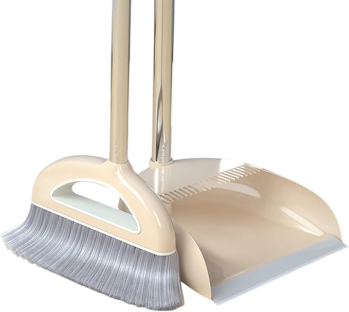 Broom and Dustpan Set with Long Handle - Dust Broom and Dustpan Combo, Lightweight Robust Kitchen Brooms Dustpans, Ergonomic Duster Tool Cleaning Gadgets, for Home, Kitchen, Offices, Pet Hair, White