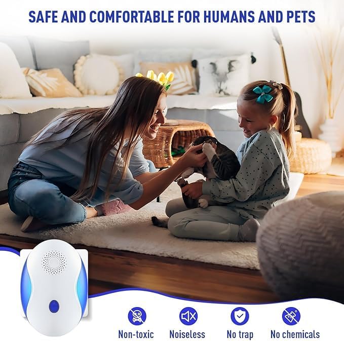 Ultrasonic Pest Repellent for Indoor Use, 4-in-1 Electronic Pest Control for Mice Insects Spiders Rodents Bug Cockroach, Advanced Chip Insect Repeller with Night Light, White (4 Pack)