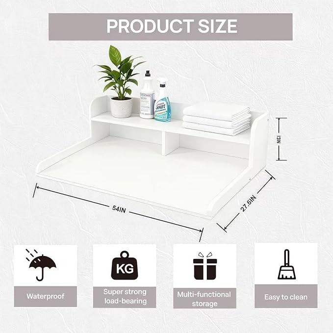 NAT Maya 2-Tier Washer and Dryer Countertop, 54" W x 27.6" D Laundry Room Organization,Washer Dryer Topper Storage for Folding Clothes Over Washer and Dryer-White