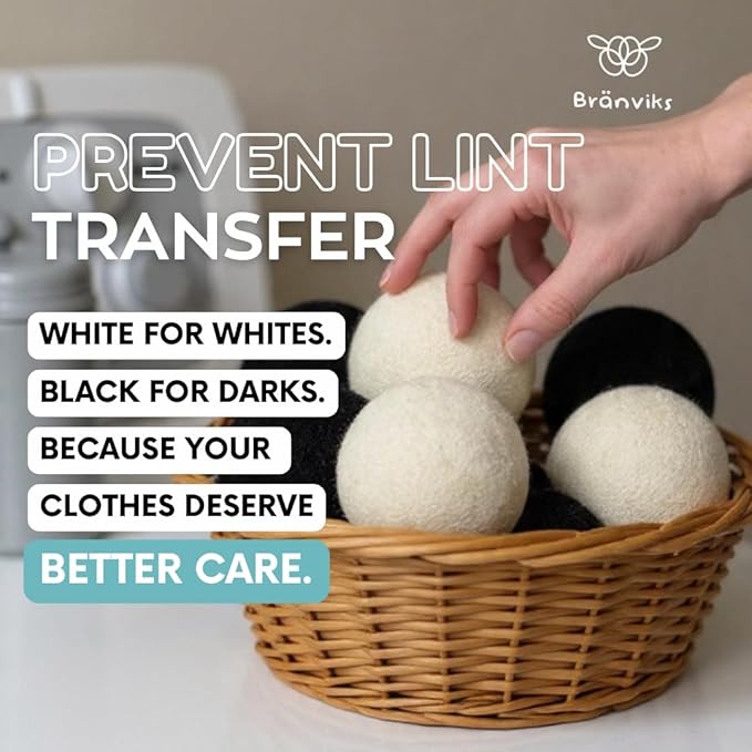 Wool Dryer Balls – 6 XL Organic New Zealand Wool Dryer Balls | Reduce Drying Time, Anti-Static & Wrinkle Reducing | Reusable Fabric Softener Alternative (White & Black Set)