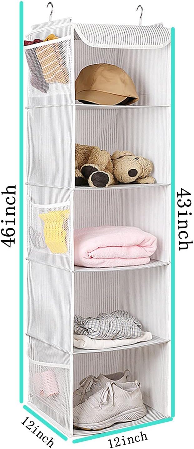 BrilliantJo 5 Shelves Hanging Closet Organizer, 2 Pack Hanging Storage with 6 Side Pockets for Clothes Shoes, 43"x12"x12"(Strip)