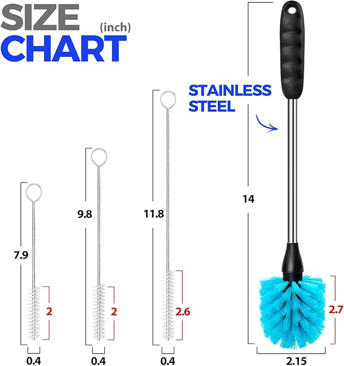 Holikme Bottle Brush Cleaner Set, 14" Long Handle Stainless Steel Bottle Cleaner Brush, 3 Straw Cleaner Brush, Bottle Cleaning Brush for Water Bottle, Cups, Abrasive Flat End Brushes, Straws Blue
